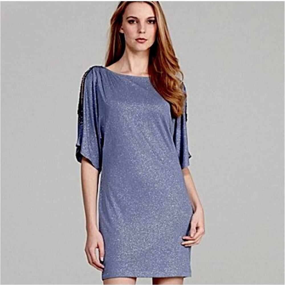 Cachet Dress Women 8 Gray Mini Drape Cape Back Glitter Rhinestone Cocktail Party